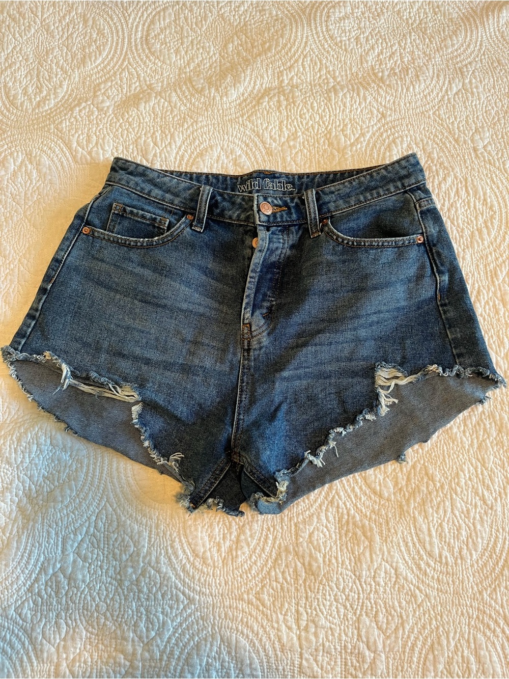 wild fable Dark Blue Distressed High-Rise Denim Shorts
